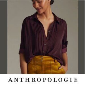 By Anthropologie Plum Tuxedo Pintuck Blouse - L